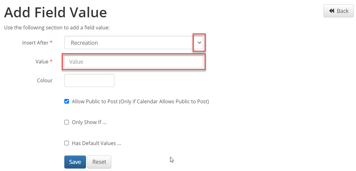 Add field value with insert after and value fields highlighted