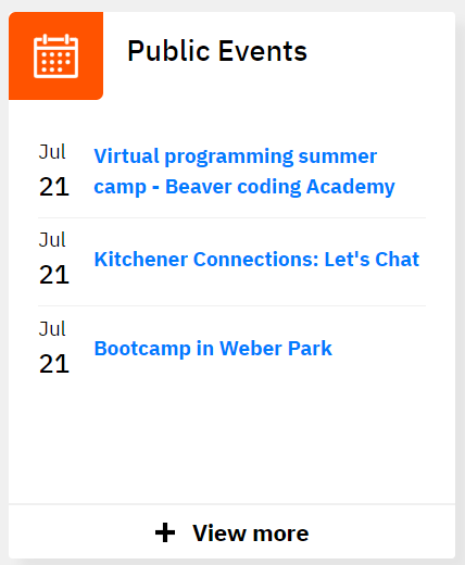 Example of a calendar events widget listing public events happening and the date they're on